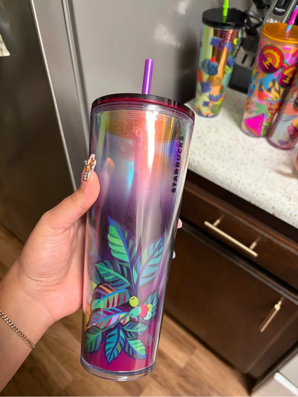 Starbucks Iridescent Purple Rainbow Hand-Sign Tumbler with Pink Straw